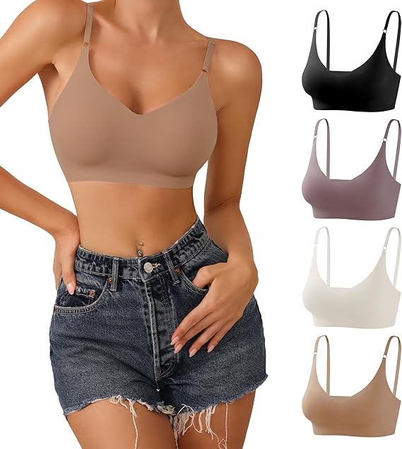 DEANGELMON V Neck Bra Padded Seamless Adjustable Straps Bralettes Everyday Basic Sleeping Bras Multiple Pack